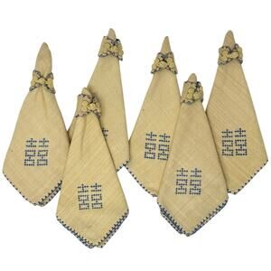 Vintage 80s Yellow Linen Napkins & Rings Set Hand Stitched Blue